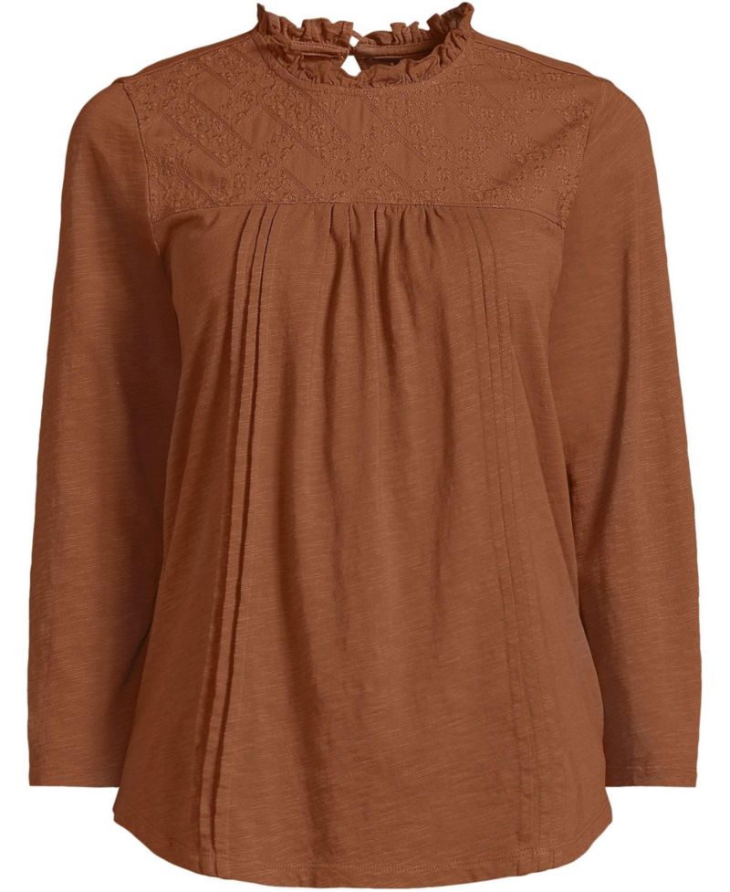 Women's 3/4 Sleeve Cotton Slub Lace Trim Top