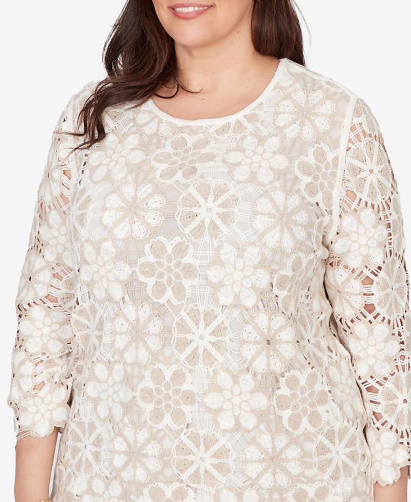 Plus Size Natural Wonder Floral Crochet Three Quarter Sleeve Top