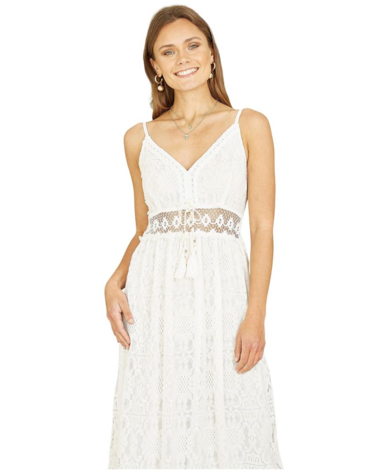 Women's Lace Embroidered Tassel Tie Midi Dress