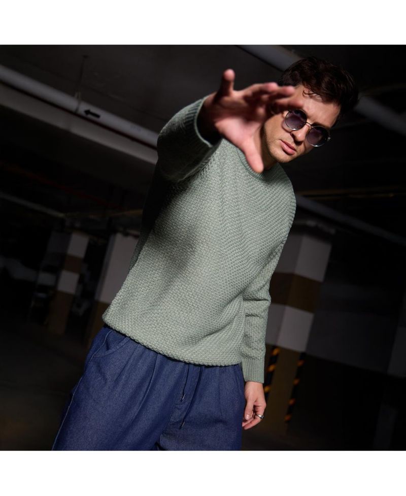 Men's Sage Green Textured Knit Pullover Sweater