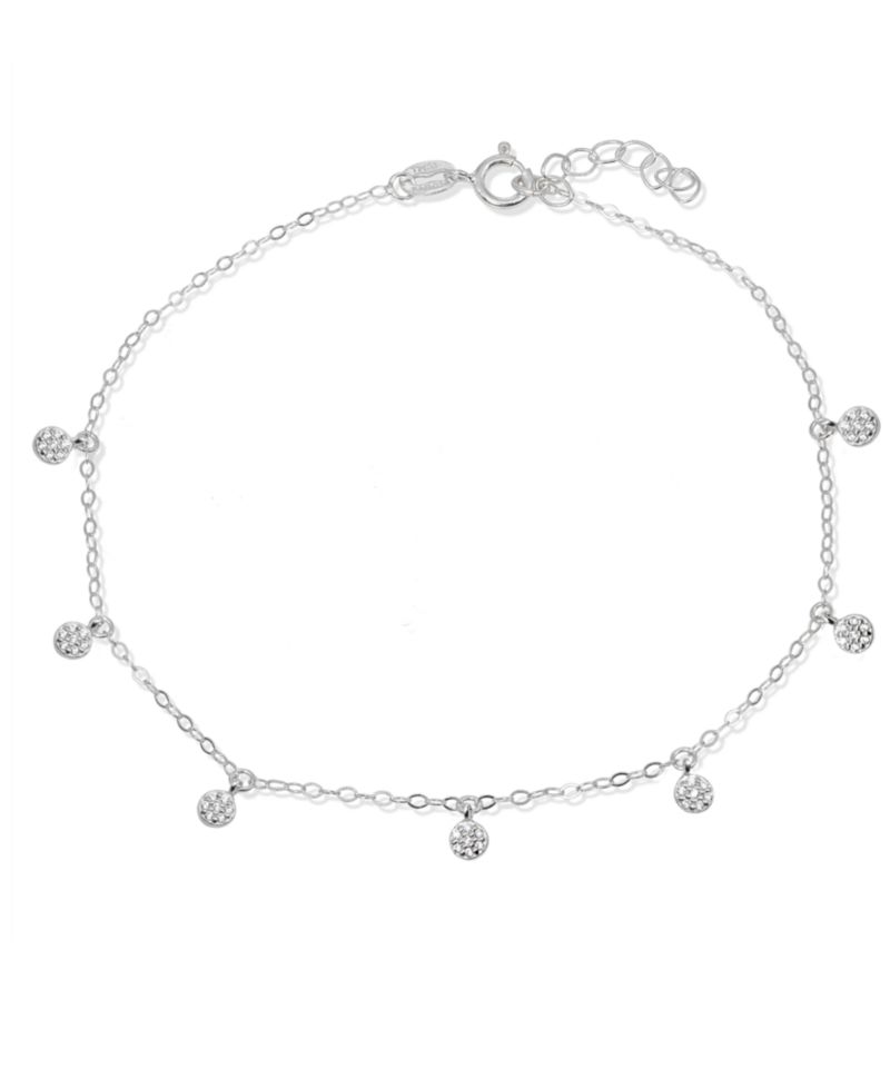 Cubic Zirconia Pav&eacute; 7 Mini Disc Drops Ankle Bracelet in Sterling Silver or 18K Gold-Plated Sterling Silver