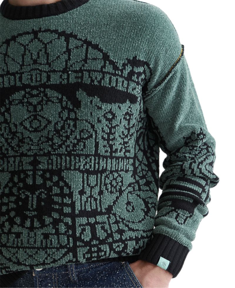 Men's Chenille Jacquard Wool-Blend Dropped Shoulder Crewneck Sweater