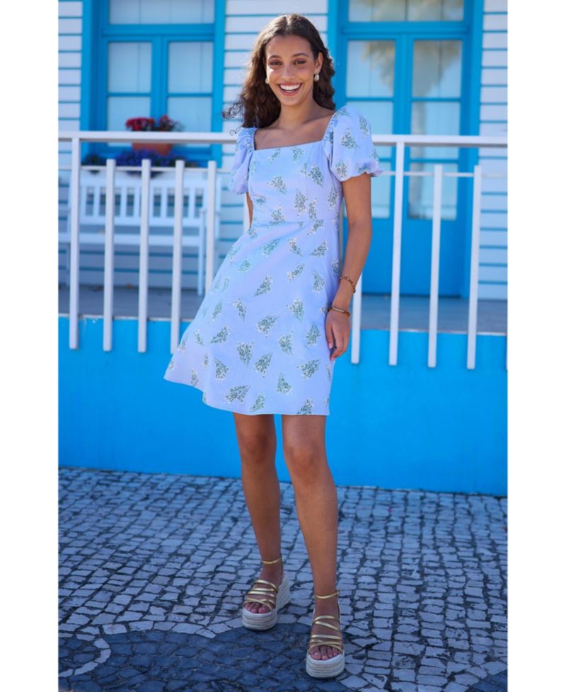 Women's Cotton Floral Puff Sleeve Skater Dress