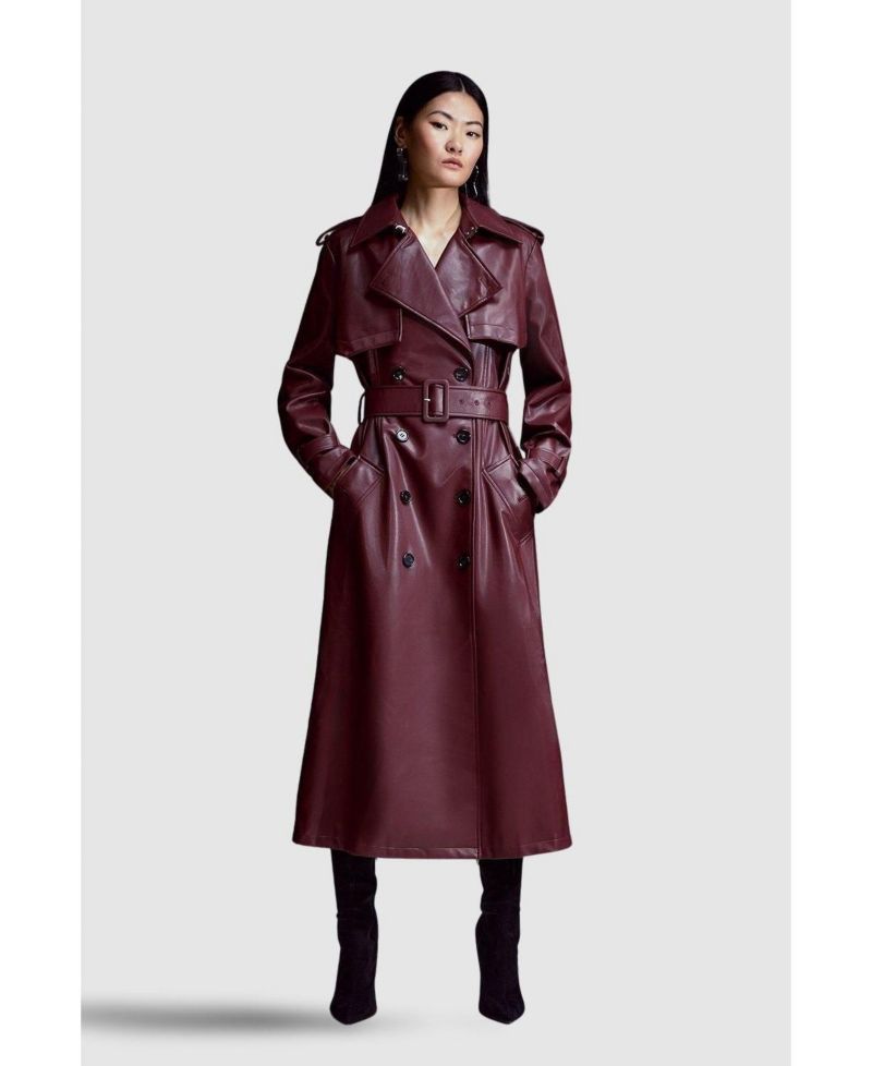 Women's Tailored Faux Leather Belted Trench Coat