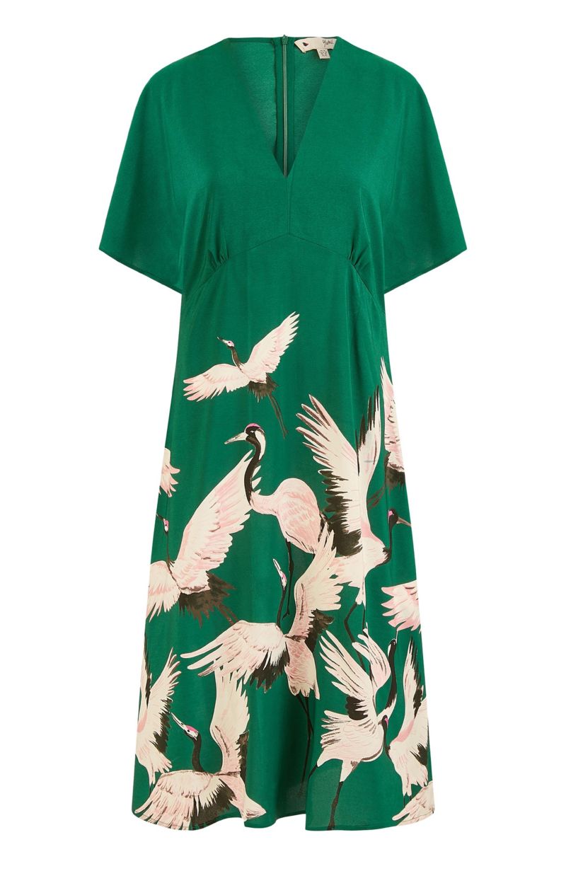 Women's Crane Print Kimono Midi Dress