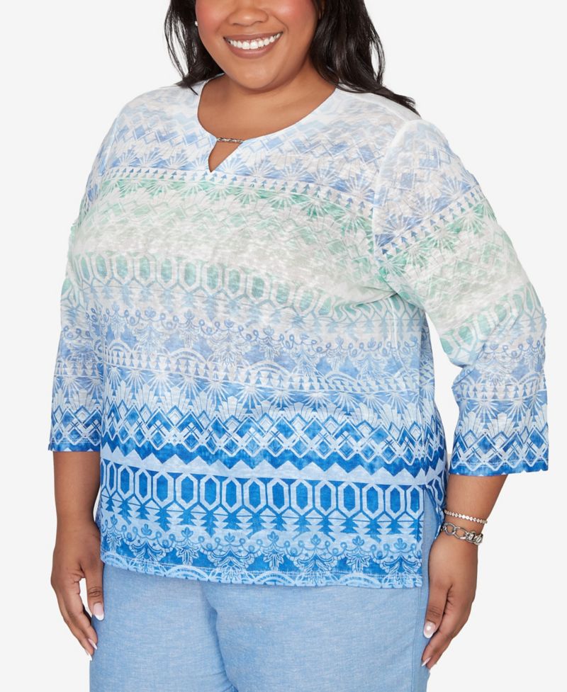 Plus Size Caribbean Blues Ombre Biadere Split Neck Top