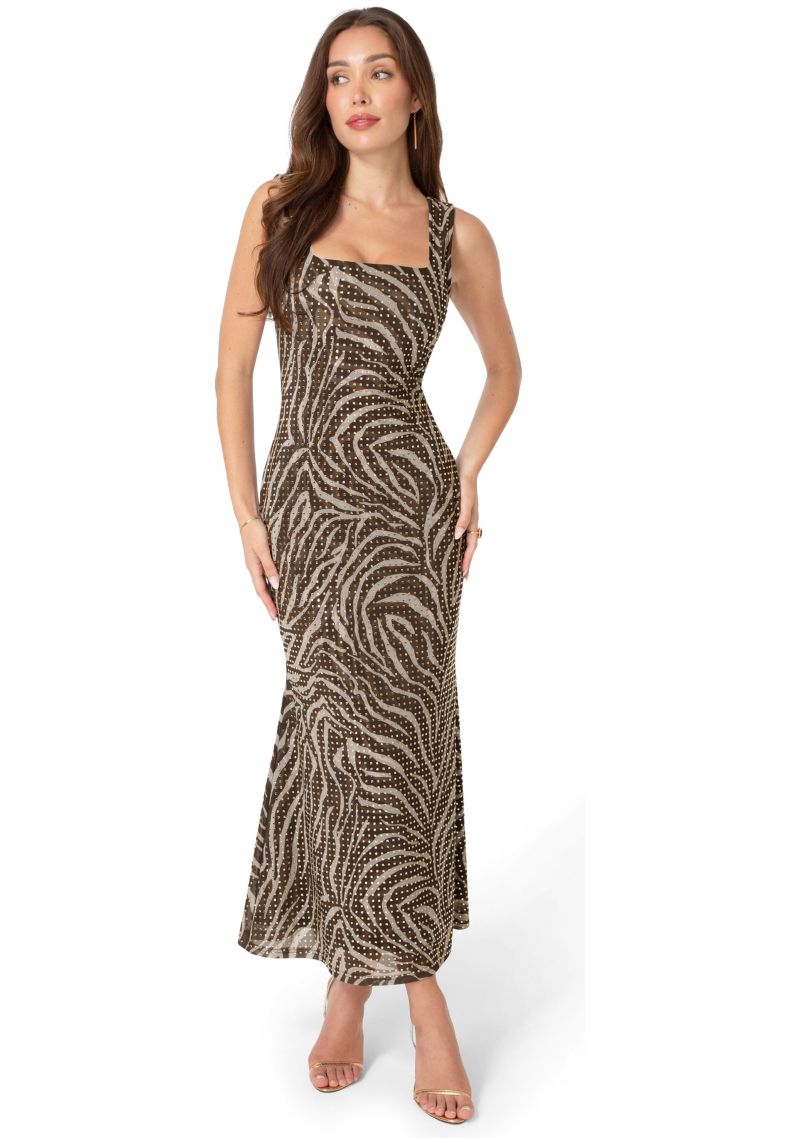 Women's Square Neck Hotfix Mesh Maxi Dress