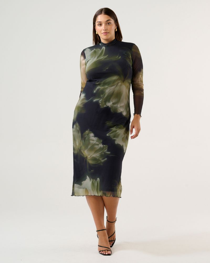 Women's Peace Lily Floral Bodycon Long Sleeve Mesh Dress