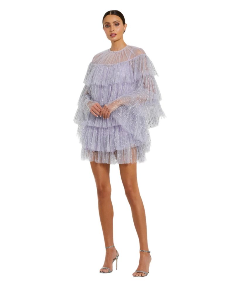 Women's High Neck Tiered Ruffle Pearl Beaded Cape Dress