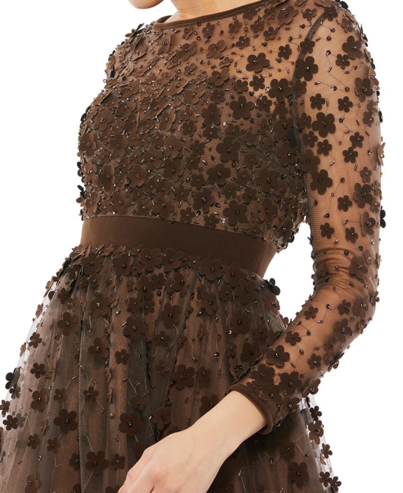Women's Embellished Illusion High Neck Long Sleeve Fit and Flare