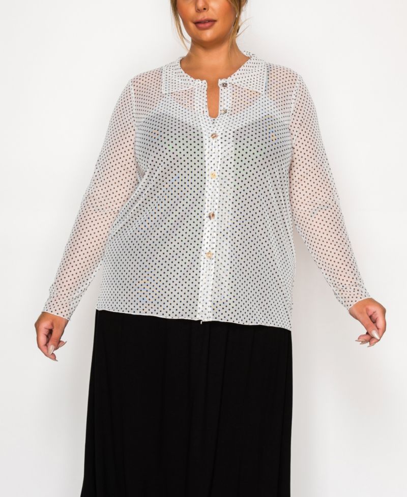 Plus Size Dot Mesh Button Front Long Sleeve Top