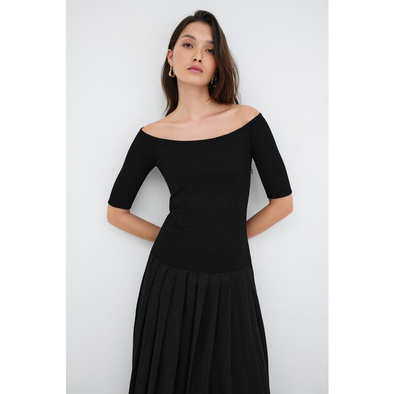 Women's Mila Off-Shoulder Dropped-Waist Pleated Cotton Dress with Pockets