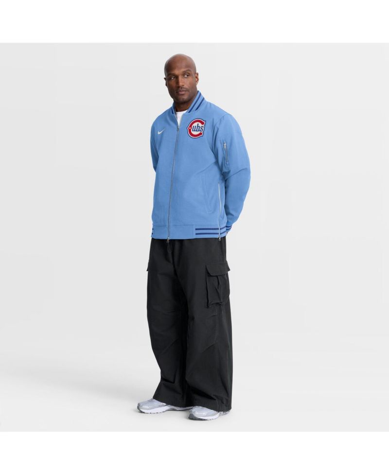 Men's Light Blue Chicago Cubs Authentic Collection Dugout Relaxed Full-Zip Bomber Jacket