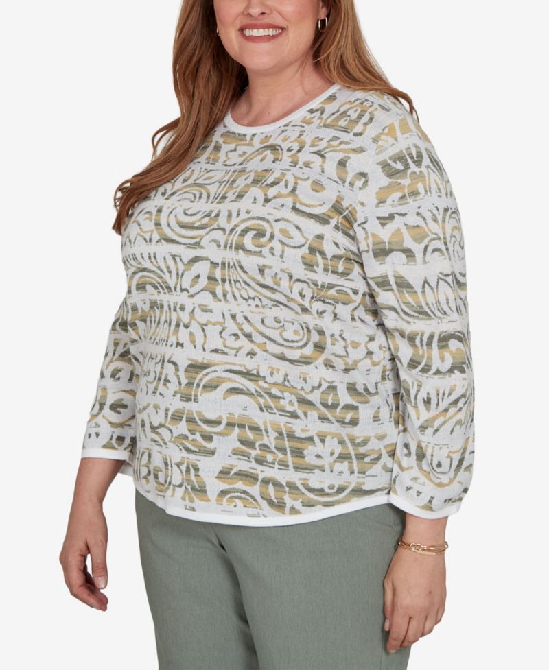 Plus Size Provence 3/4-Sleeve Crewneck Paisley-Stripe Spacedye Sweater