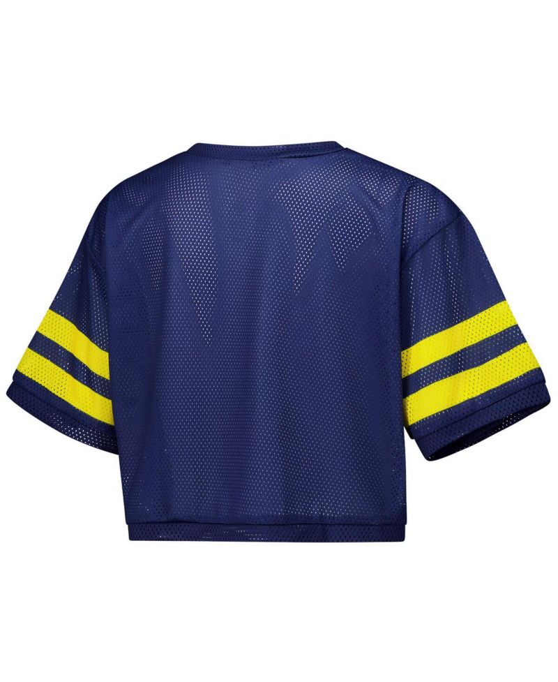Women's Navy Michigan Wolverines Mesh Cropped V-Neck T-Shirt