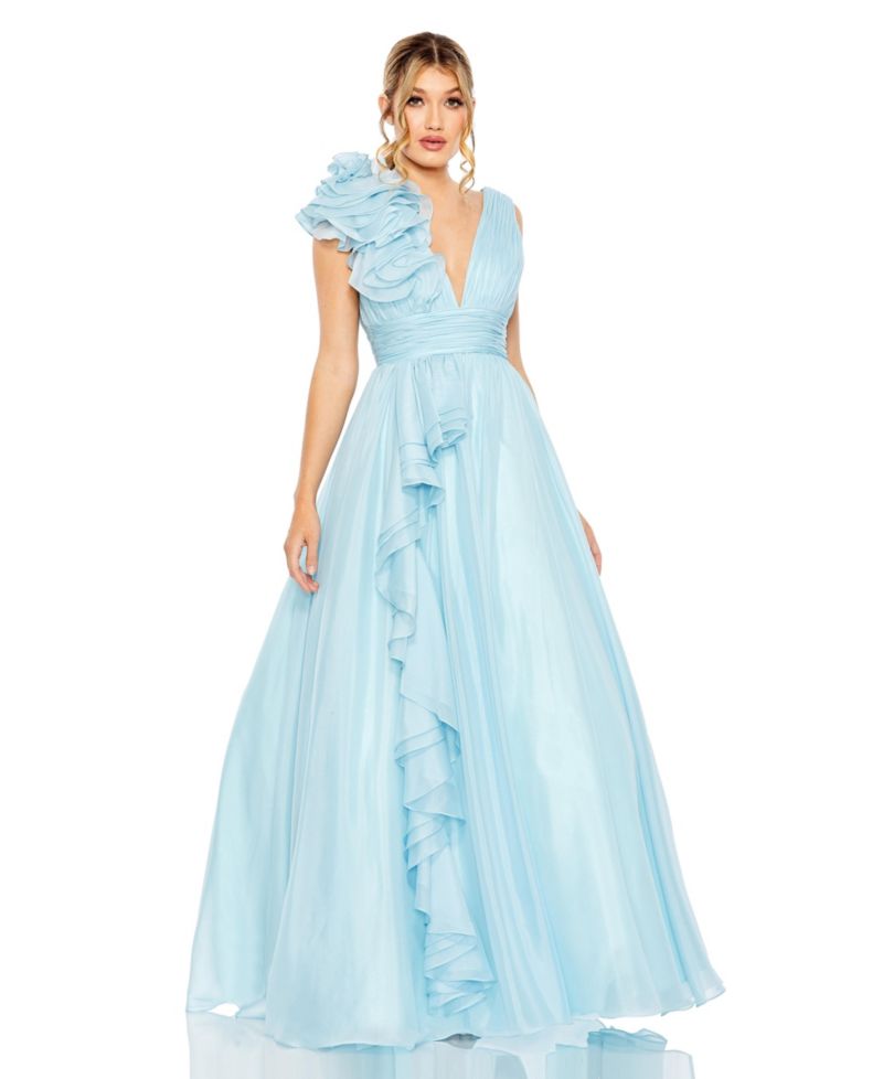Women’s One-Shoulder Ruffle Ball Gown with Plunging V-Neck