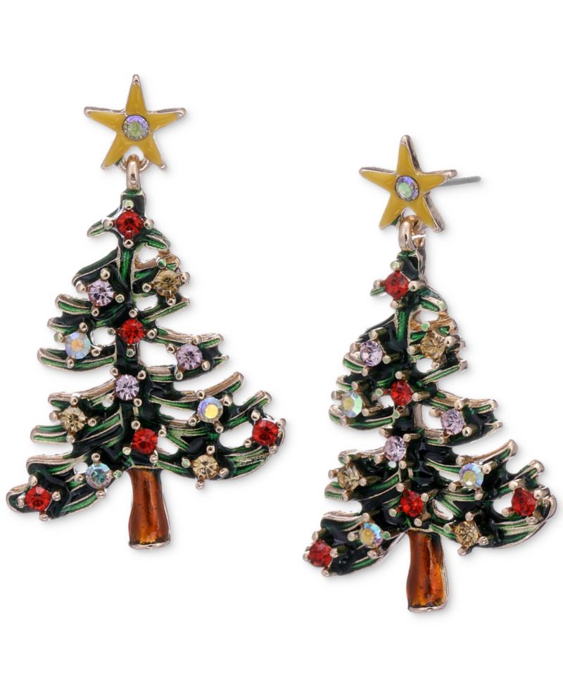 Gold-Tone Multicolor Crystal Christmas Tree Drop Earrings