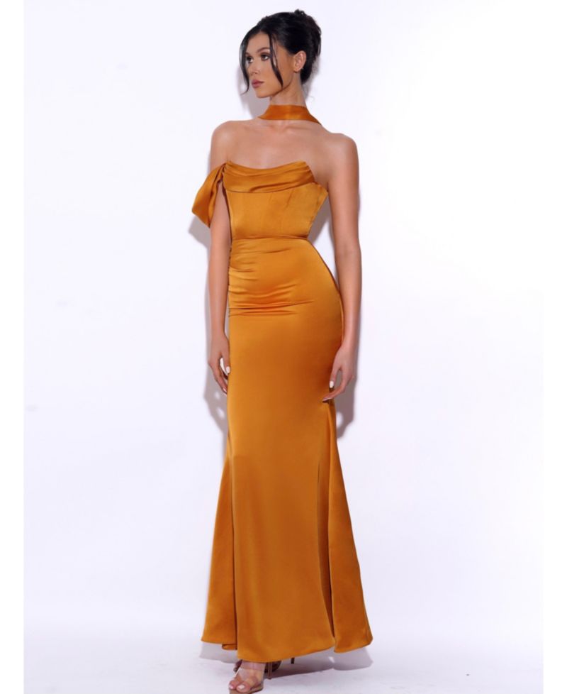 Women's Ivona Gold Halter Neck Double Duchess Satin Gown