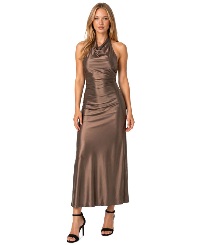 Juniors' Cowl-Neck Halter Open-Back Gown