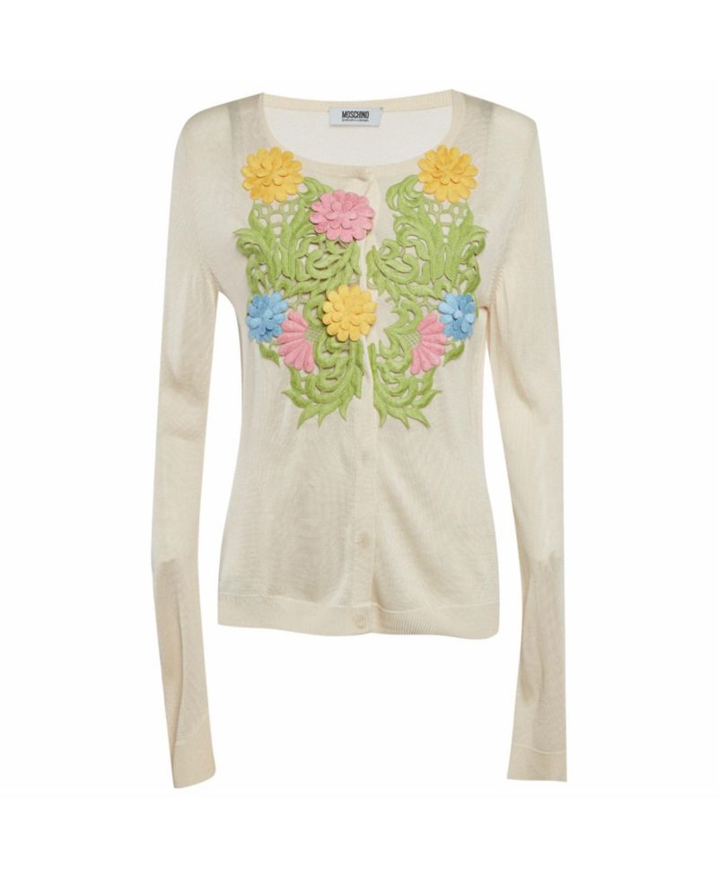 Women's Cheap And Chic Cream Knit Floral Applique Detail Cardigan