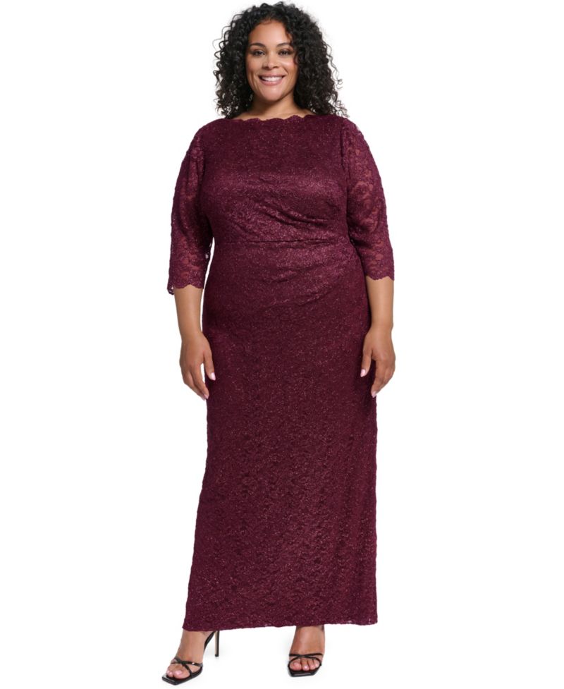 Plus Size Lace Boat Neck 3/4 Sleeve Gown
