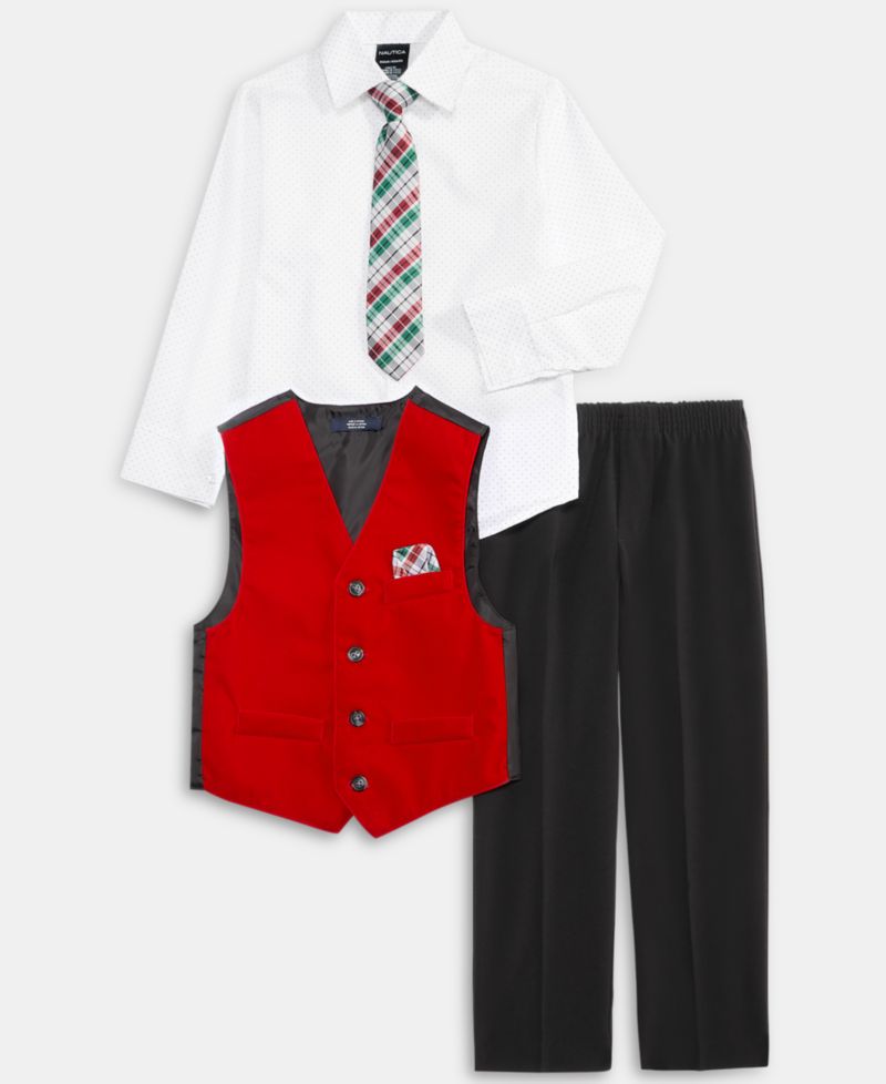 Boys' 2T-7 Red Velvet Vest, Shirt, Tie and Pants, 4-Piece Set