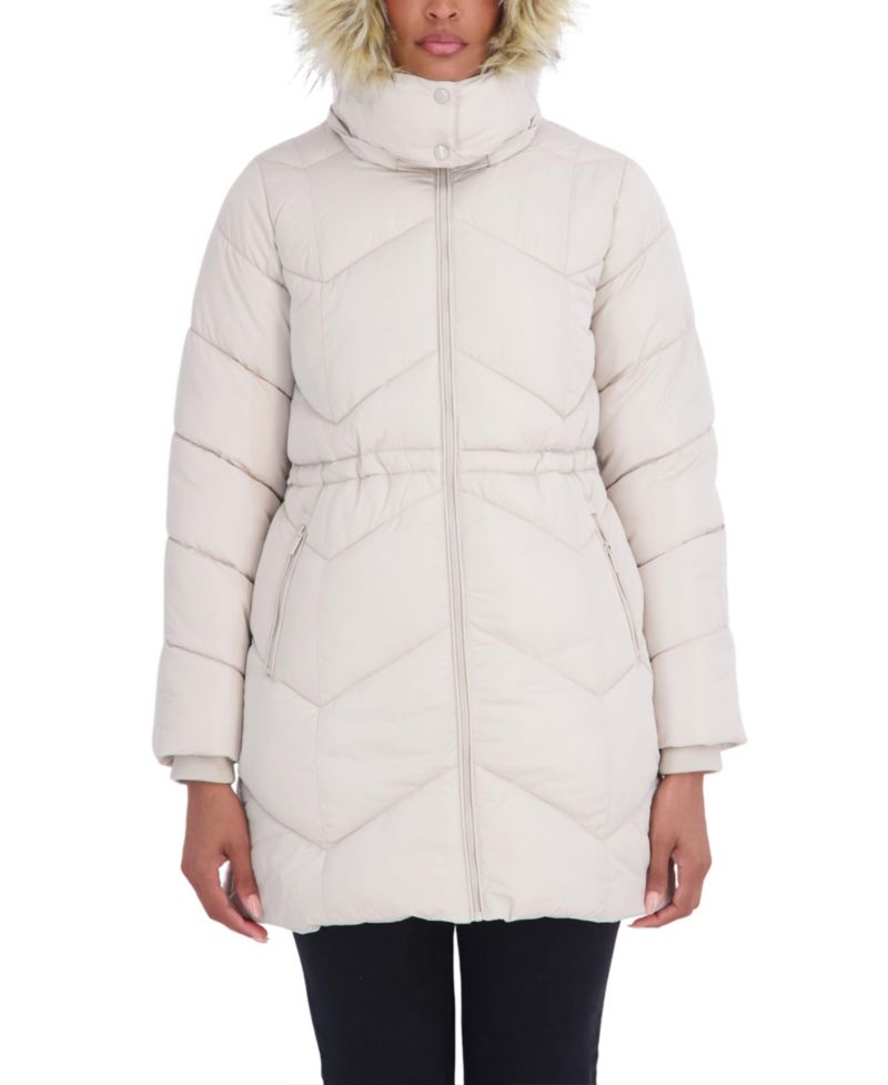 Women's 3/4 Hooded Faux Fur Trimmed Puffer Coat