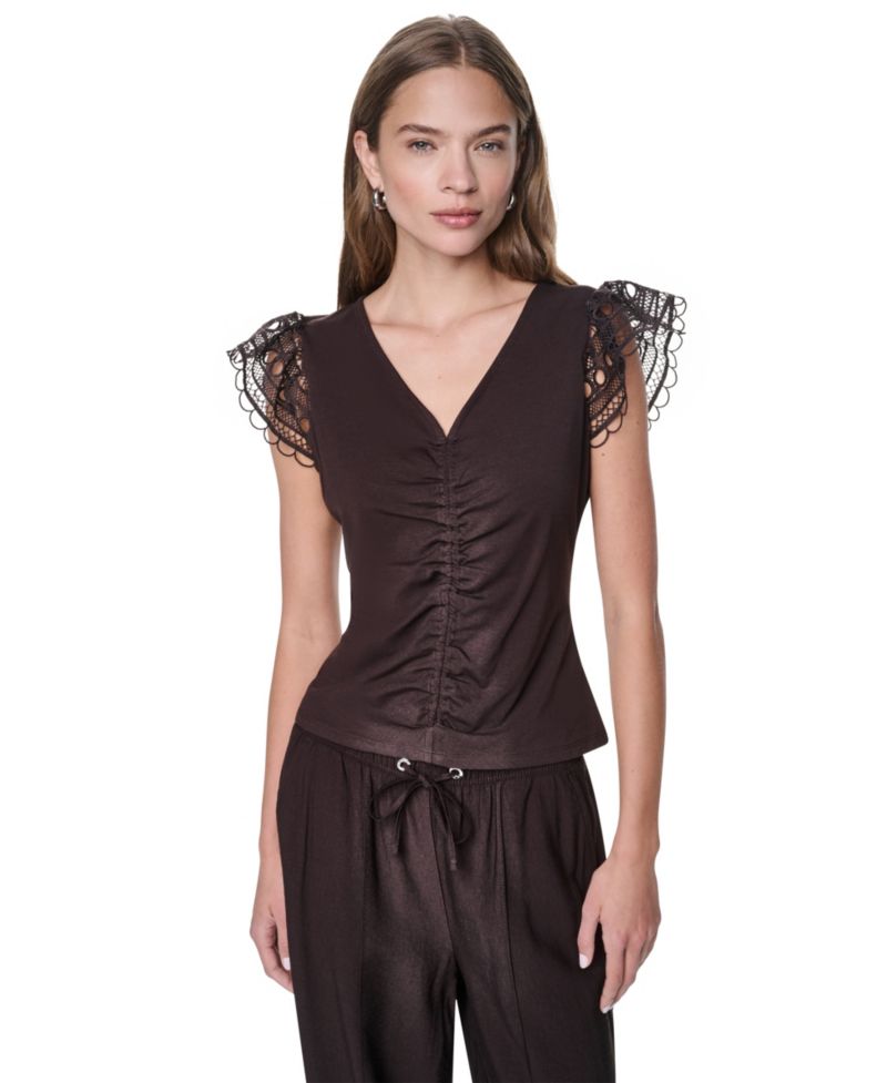 Women's V-Neck Lace Trim Gathered Top