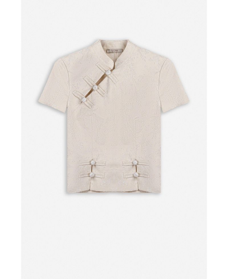Women's Short-Sleeve Floral-Print Blouse with Chinese Button Detail