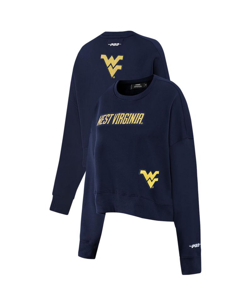 Women's Navy West Virginia Mountaineers Sequin Boxy Cropped Pullover Sweatshirt