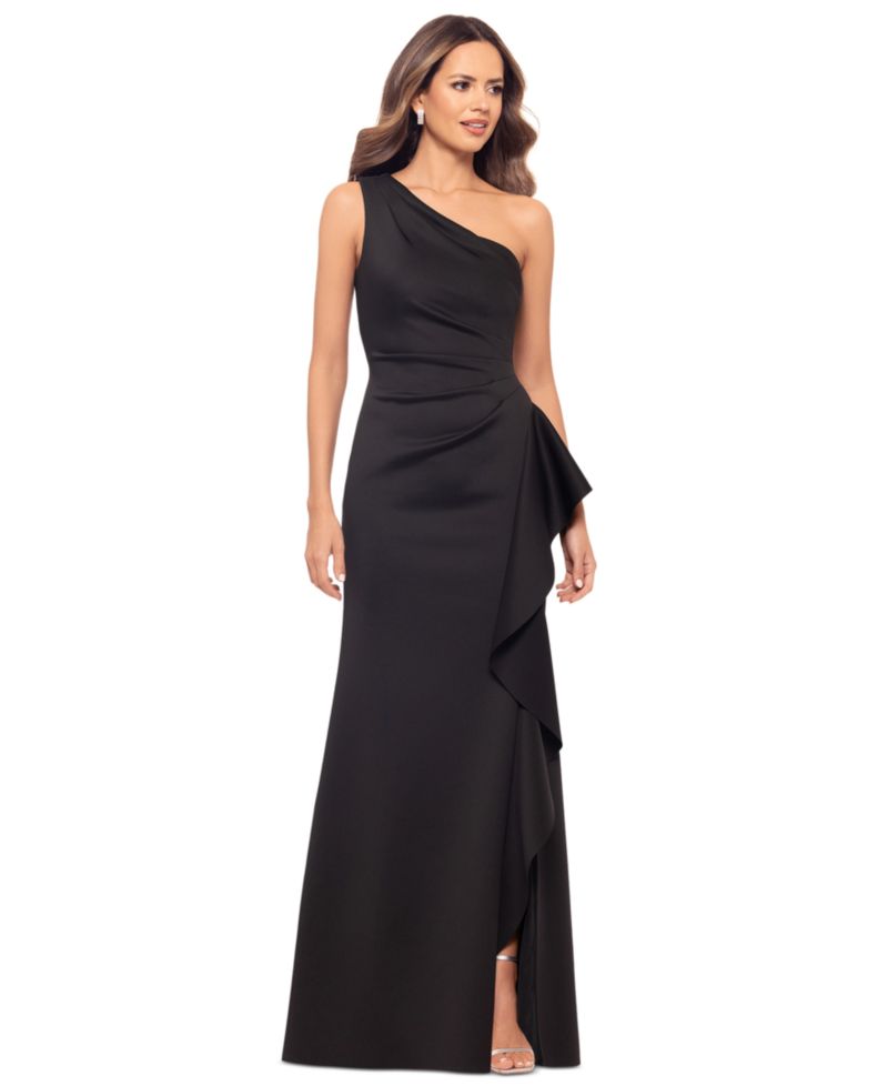 Petite Ruffled One-Shoulder Scuba Gown