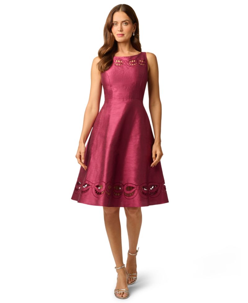 Women's Cutout Dupioni Midi Boat Neck Dress