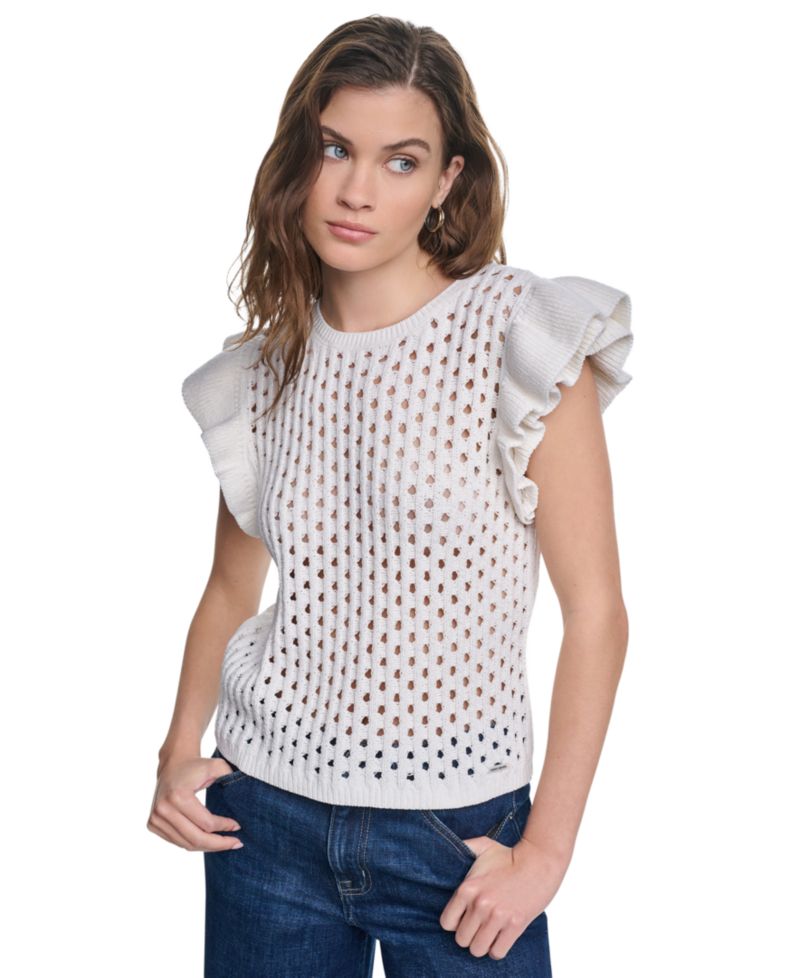 Women's Baby Chenille Pointelle Rib Flutter-Sleeve Sweater