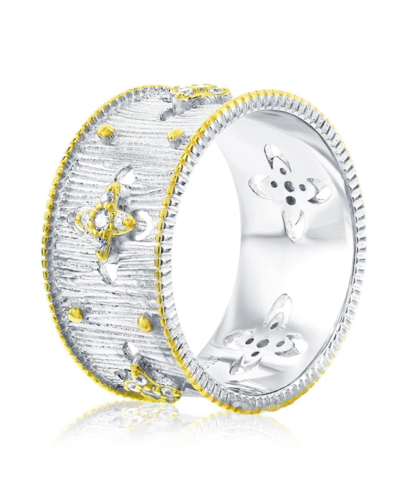 Sterling Silver Cubic Zirconia Brushed Italian Florentine Extra Wide Band Eternity Ring