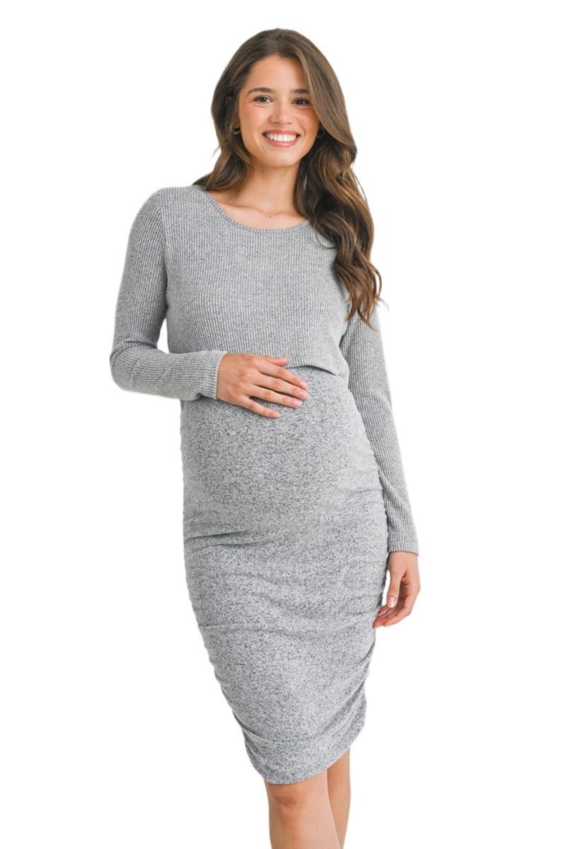 Women's Long Sleeve Ribbed Side Ruched Nursing Dress