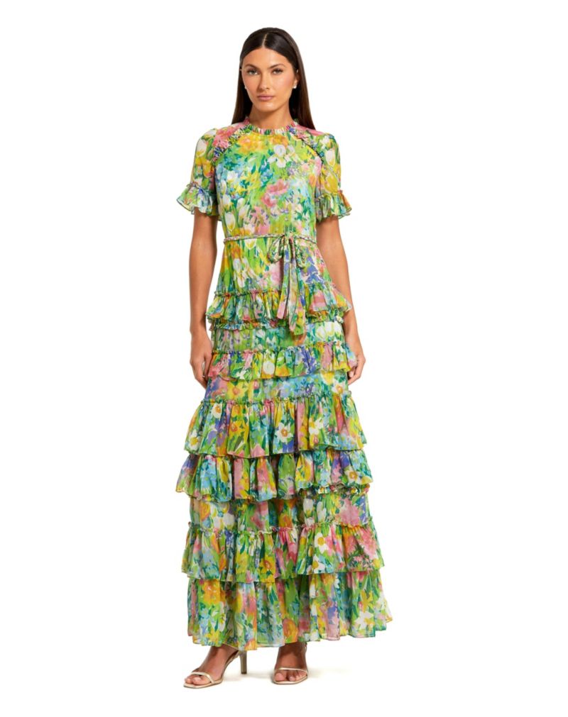 Petite Green Ruffle Tiered Chiffon Floral Dress