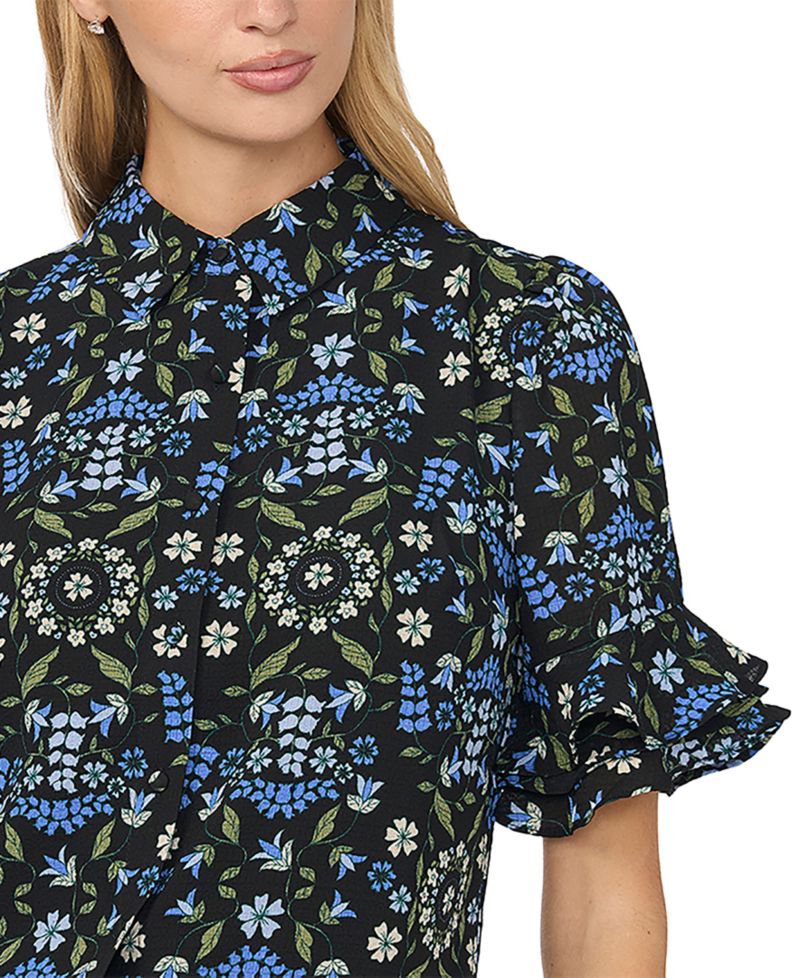 Women's Double-Ruffle Floral-Print Short-Sleeve Button-Down Shirt
