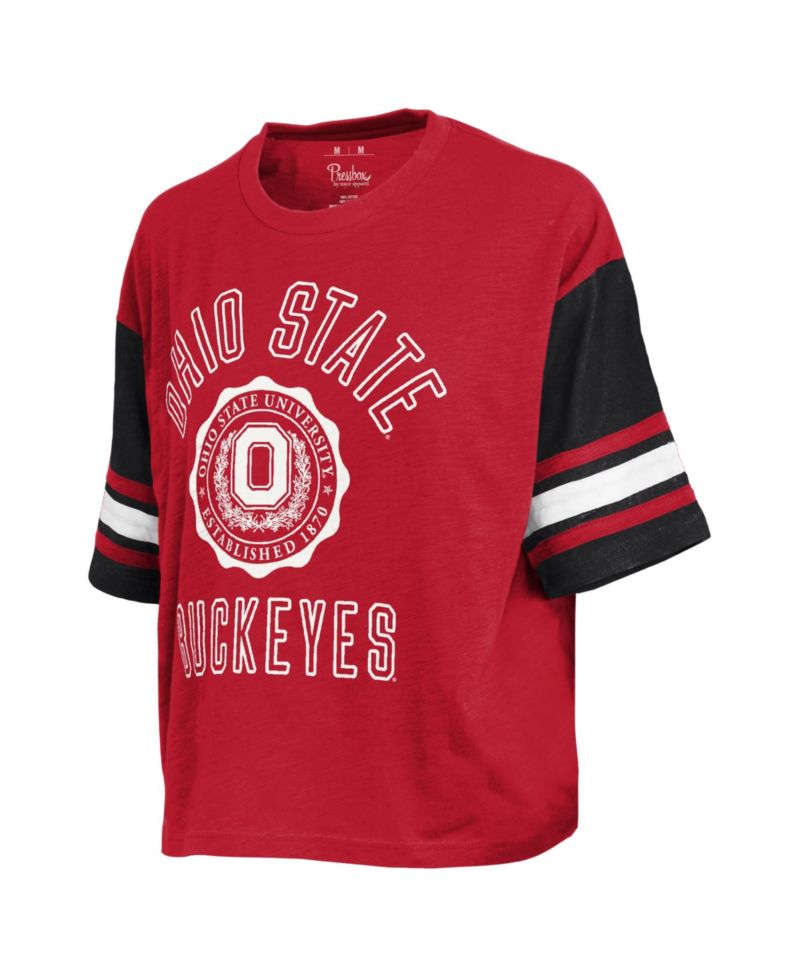 Women's Scarlet Ohio State Buckeyes Sunday Colorblock Seal T-Shirt