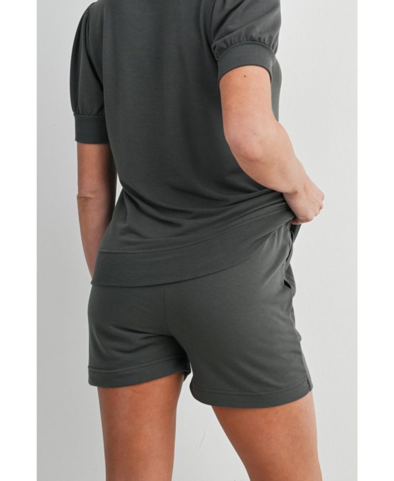 Maternity French Terry Lounge Set - Puff Sleeve Top and Shorts with Pockets