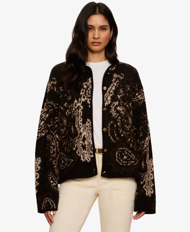 Women's Jacquard-Knit Semi-Cropped Collarless Jacket