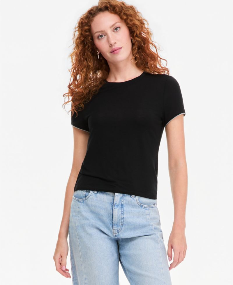 Plus Size Piped Tissue Jersey Layering Crewneck T-Shirt