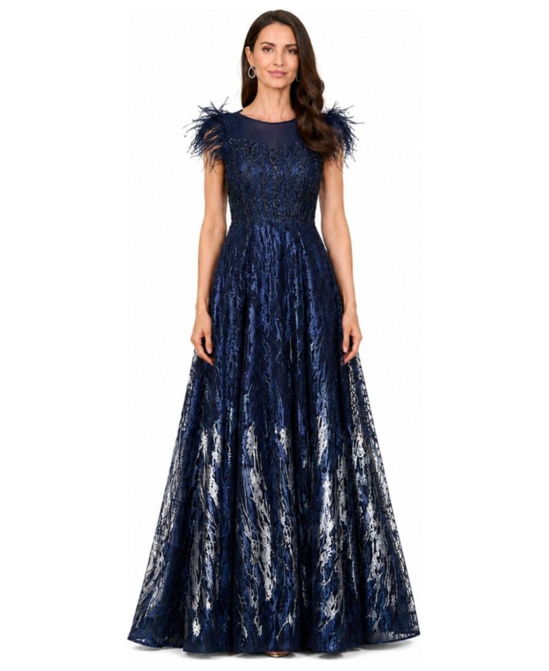 Women's Lace ballgown with Feather Cap Sleeves