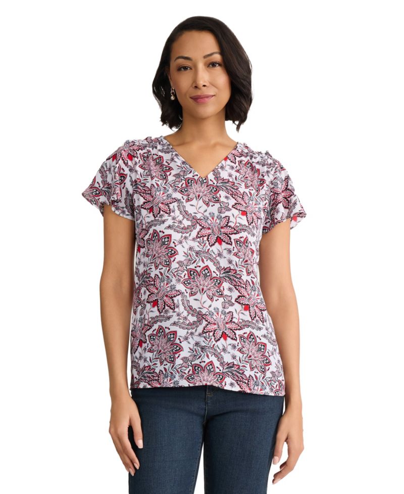 Women's Flutter-Sleeve Printed V-Neck Blouse
