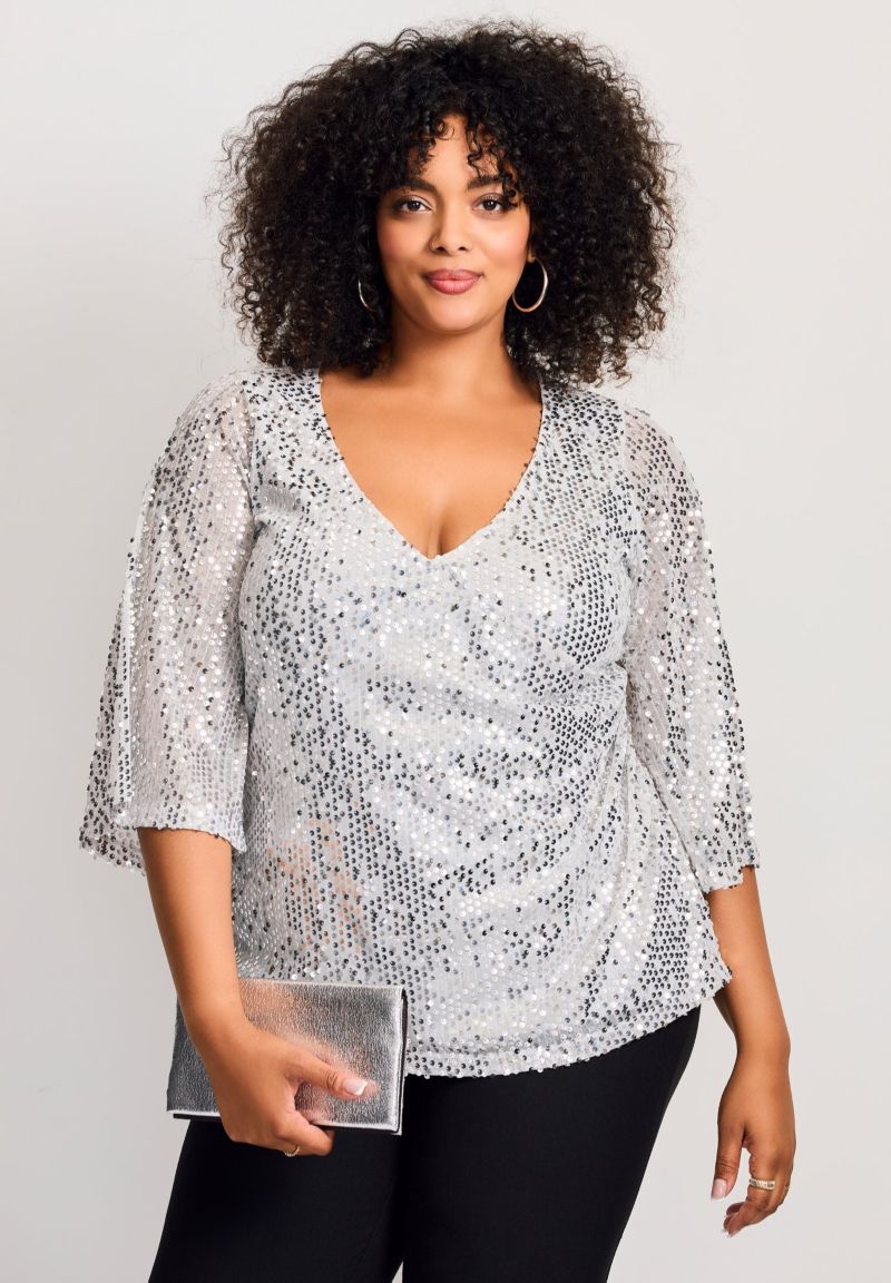 Women's Plus Size Faux Wrap Sequin Top