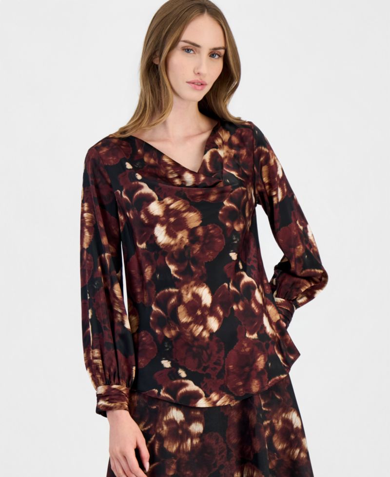 petite Floral-Print Long-Sleeve Drape Neck Blouse