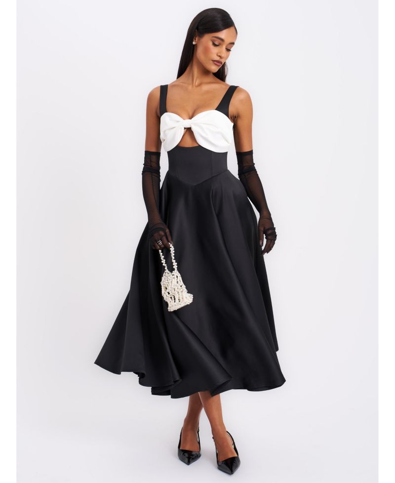 Women's Edda Black Maxi Gown with White Bow