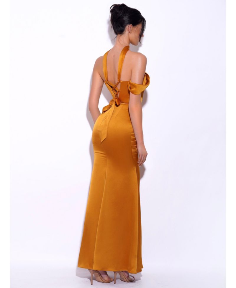 Women's Ivona Gold Halter Neck Double Duchess Satin Gown