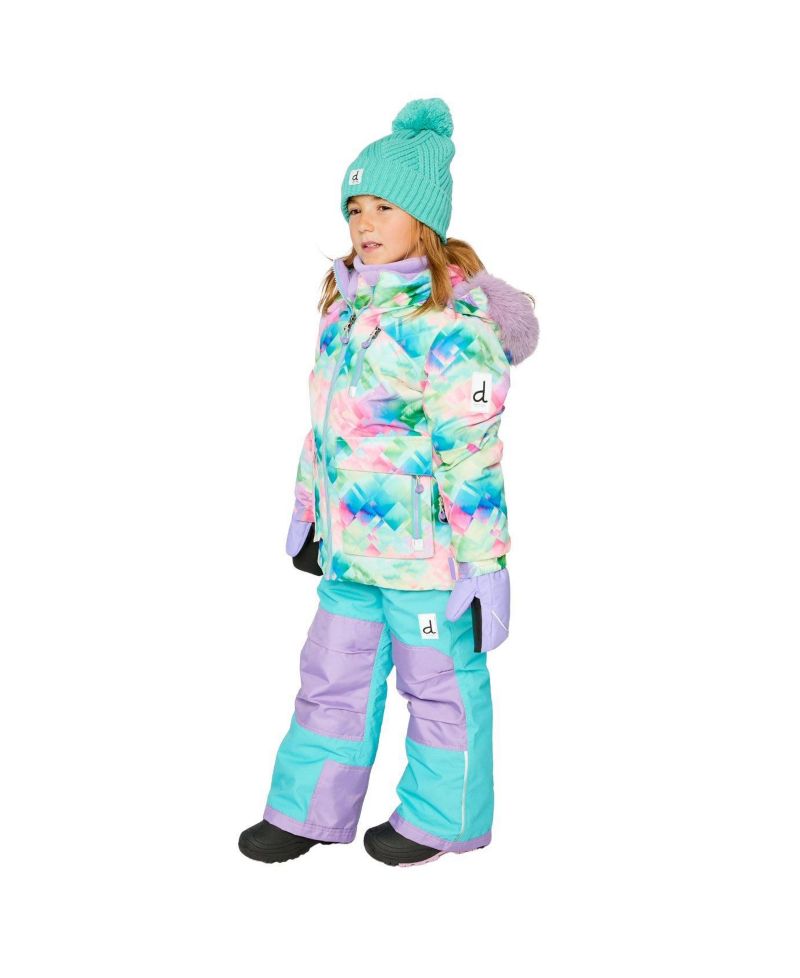 Big Girls Girl(6-14) Two Piece Play Snowsuit Multicolored with A Diamond Pattern with Turquoise and Purple Pants