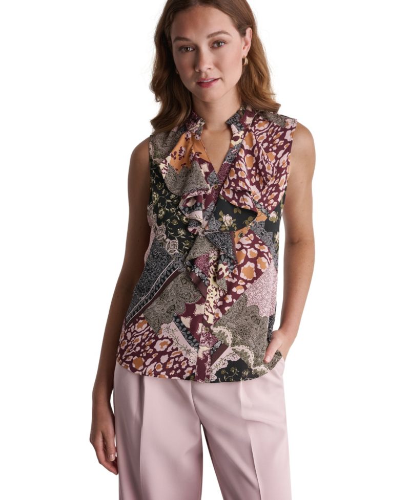 Women's Ruffle Mixed Print Button-Front Blouse