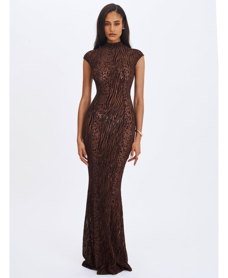 Women's Tyanna Mocha Burnout Velvet Mesh Backless Mermaid Maxi Dress
